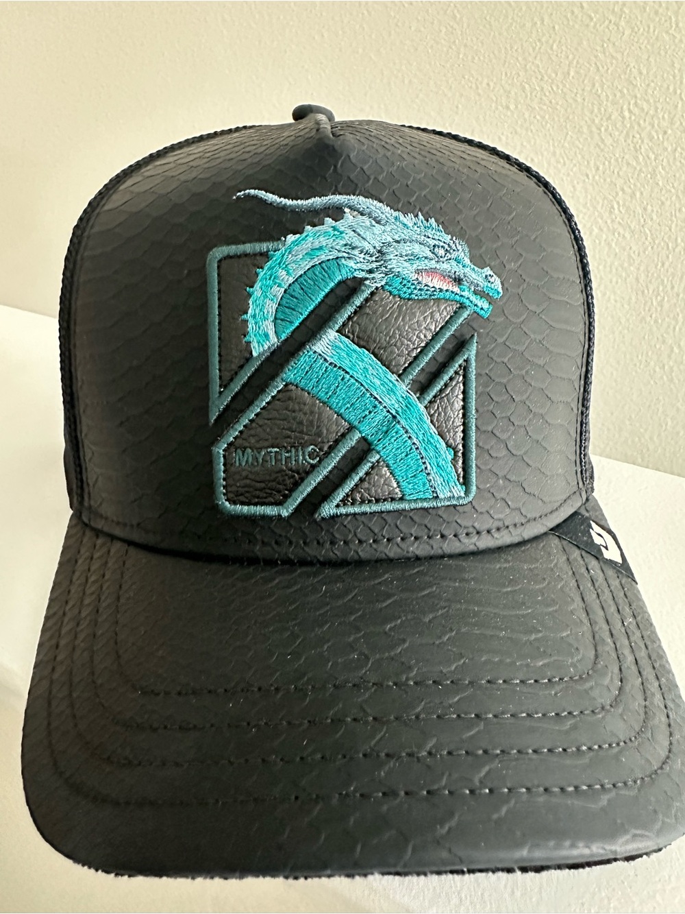 Limited Edition *Mythic* Rarer than Rare* Black Trucker Cap with Teal Dragon